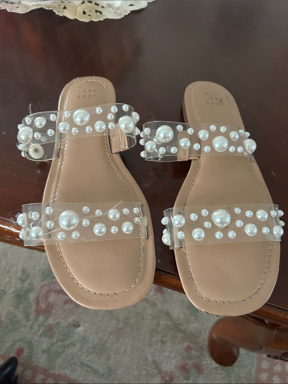 a new day Nude Clear-Strap Slide Sandals with Pearl Embellishments